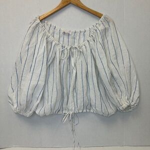 Olivaceous White and Blue Striped Peasant Boho Chic 100% Linen Blouse Size Small